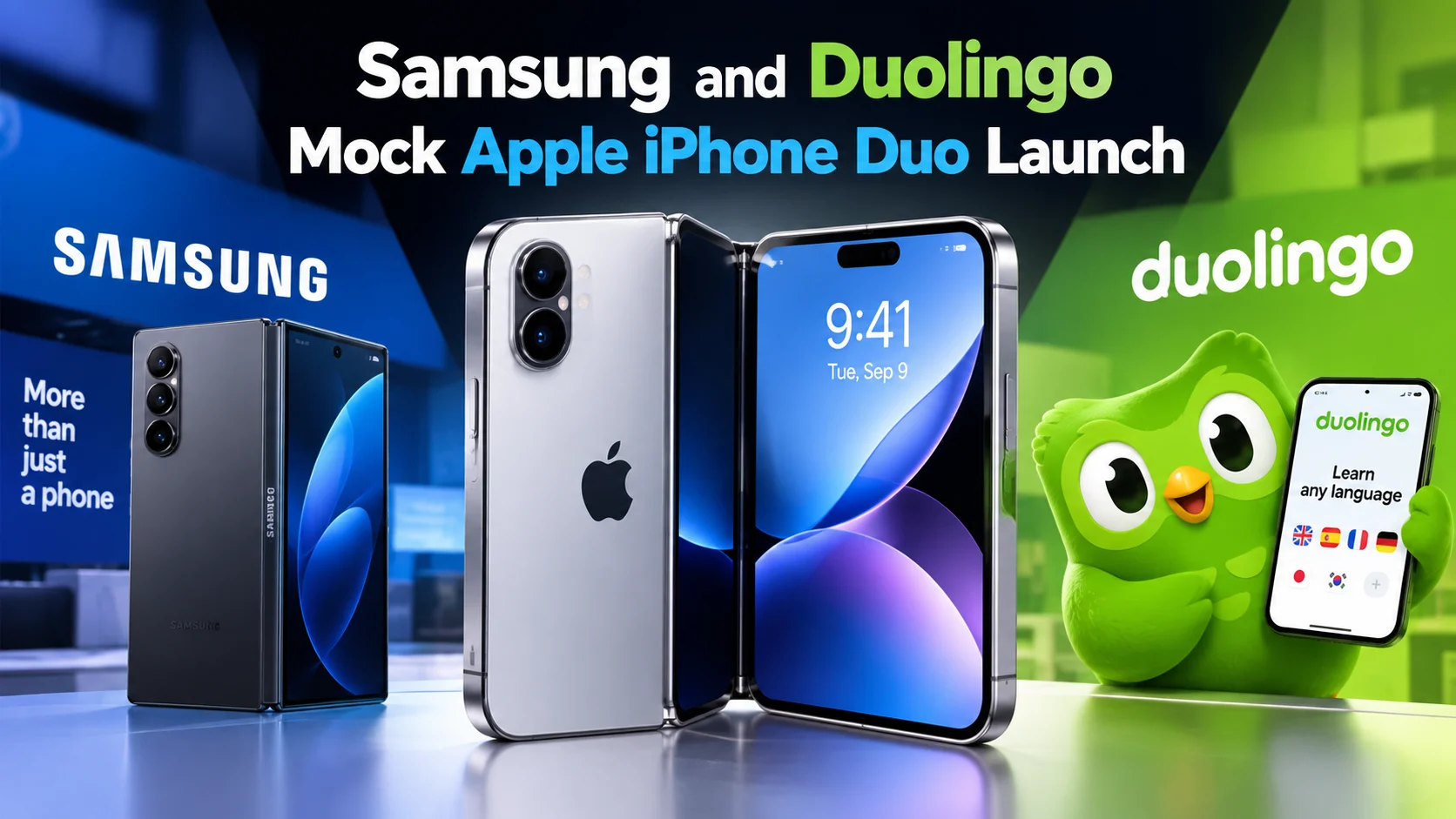 Samsung and Duolingo Mock Apple iPhone Duo Launch